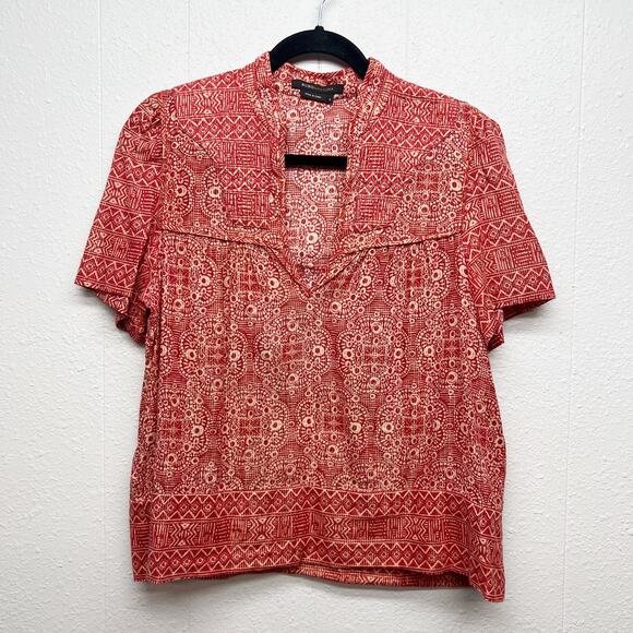 BCBGMAXAZRIA Metallic Bohemian Elevated Indie Tomato Girl Lightweight Top Small - Picture 1 of 13